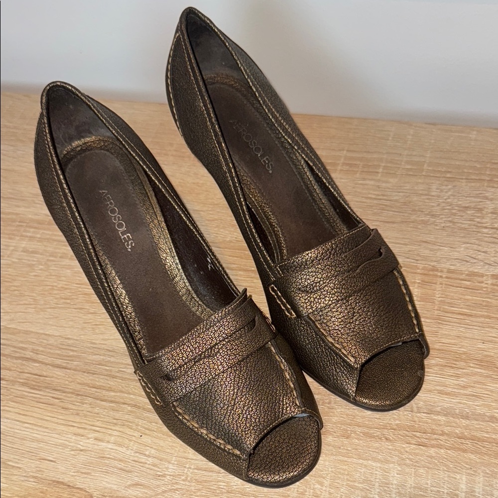 AEROSOLES Brown Leather Peep Toe Penny Loafers SZ 7.5‎ 3.5” heels EUC
